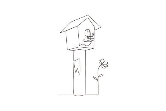 Bird House with Flowers Plant: Graphics & Illustrations
