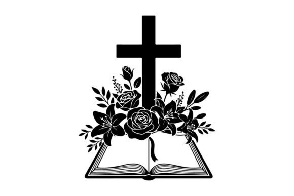 Black and White Cross with Roses: Graphics & Illustrations