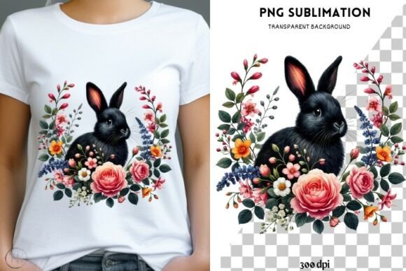 Black Rabbit with Flowers Png Design