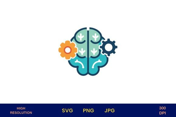 Brain Design with Gears Flowers Leaves Graphics