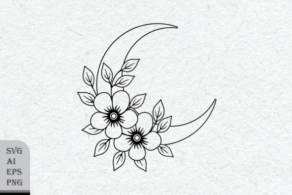 Crescent Outline with Flowers: Graphics & Illustrations