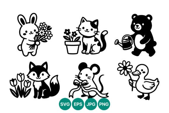 Cute Animal Characters with Flowers: Graphics & Illustrations
