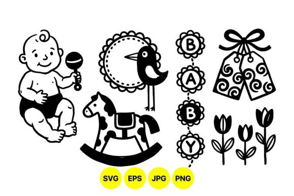 Cute Baby Toys and Flowers Clipart: Graphics & Illustrations