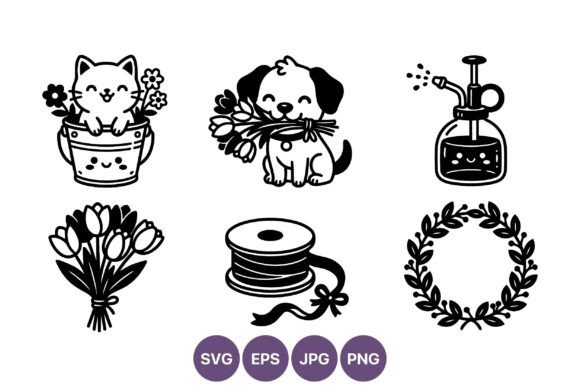 Cute Cat Puppy Flowers Vector: Graphics & Illustrations