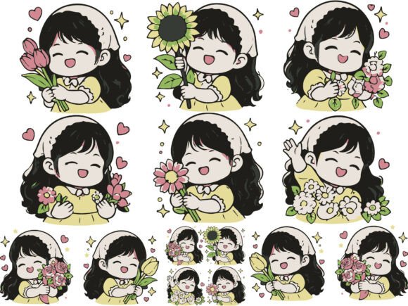 Cute Girl Holding Flowers PNG Bundle: Graphics & Freebies