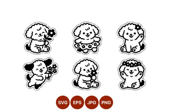 Cute Puppies Holding Flowers: Black & White Graphics