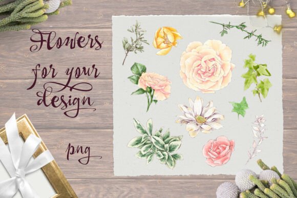 Delicate Set Flowers and Leaves Print: Graphics & Illustrations