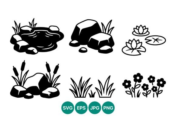 Pond Rocks Grass Flowers Vector Art Review