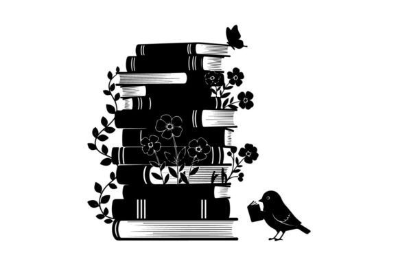 Silhouette of Books with Flowers Bird: Graphics & Illustrations