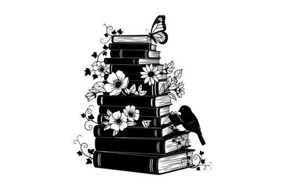 Silhouette of Books with Flowers: Graphics & Illustrations