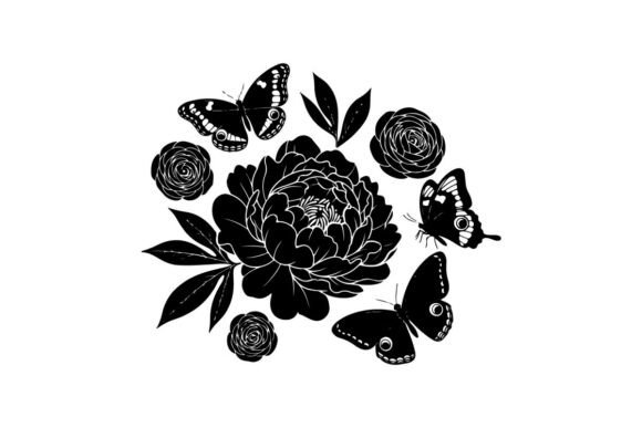 Silhouette of Butterflies and Flowers on Graphics & Illustrations