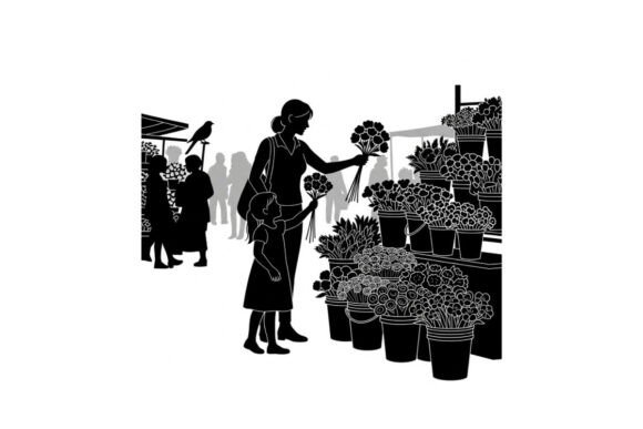 Silhouette of Woman Shopping for Flowers: Graphics & Illustrations