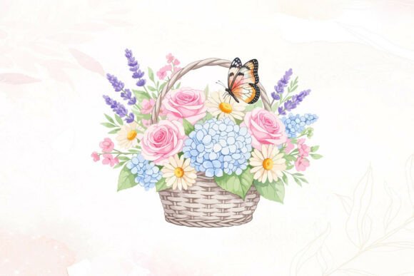Watercolor Basket with Pink Roses: Graphics & Illustrations