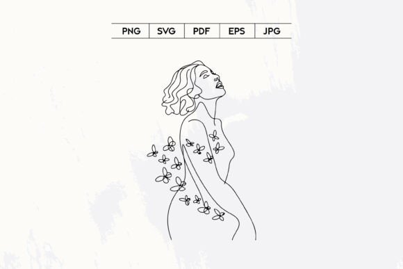 Woman with Flowers Line Art: Graphics & Illustrations